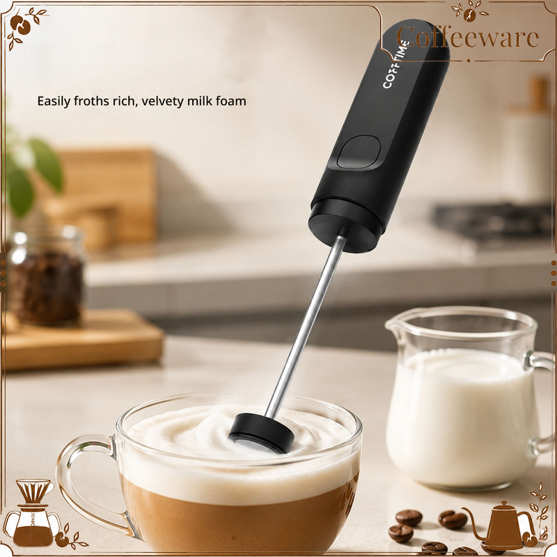 Electric Milk Frother Handheld - Cofftime 電気ミルクフォーマー。手で持って使える、バッテリー駆動式の泡立て器。コーヒー、ラテ、カプチーノ、ホットチョコレートに最適。