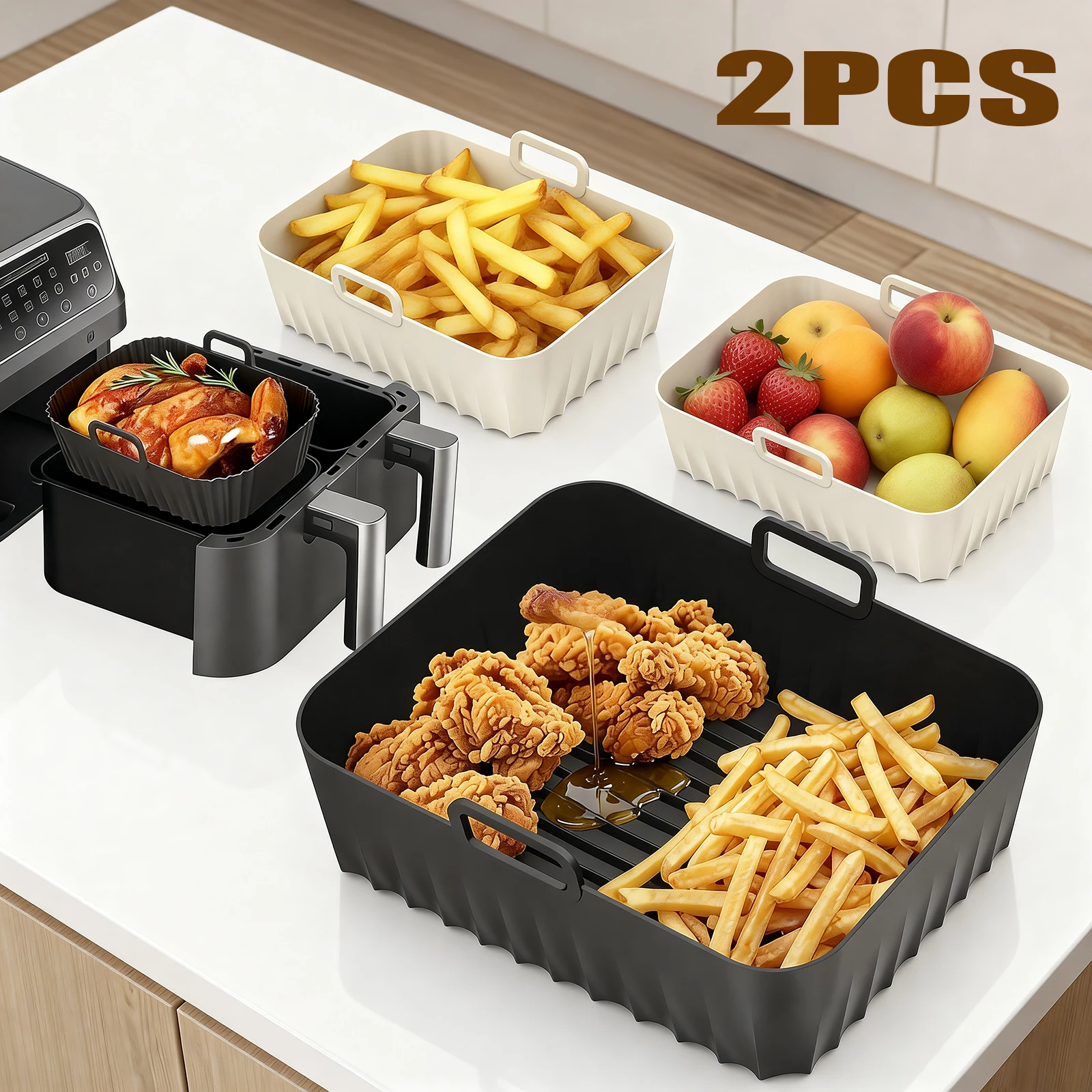 Air Fryer Silicone Pot Liner - エアフライヤー用シリコンライナー2枚セット。再利用可能な食品グレードのシリコン製で、エアフライヤーの鍋や焼き網に使用できます。エアフライヤー用アクセサリー。